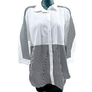 Madison White Colorblock Striped Cotton Button Shirt Top Blouse Women's L 3329